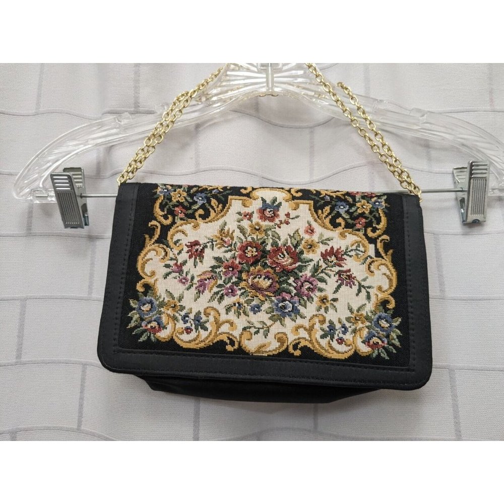 Walborg Black Tapestry Black Floral Purse With Chain Handle Vintage